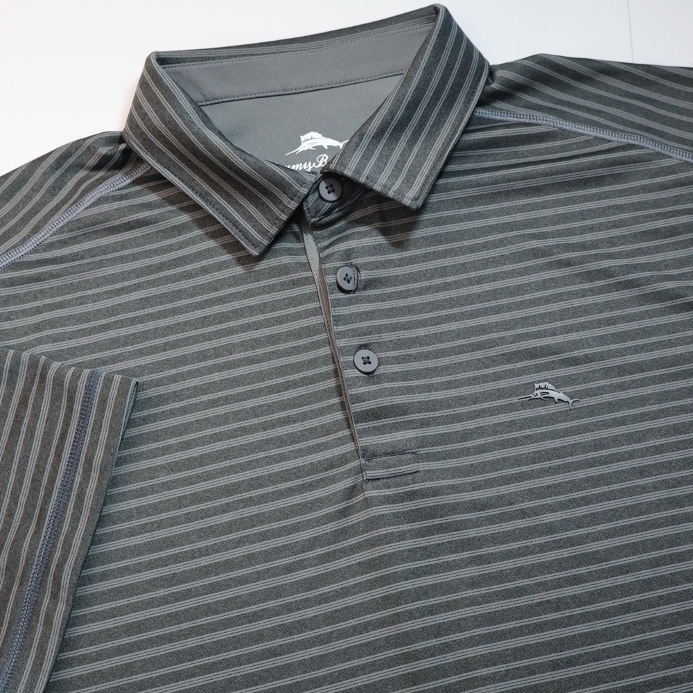 Tommy Bahama Polo Shirt Mens Large Grey Striped Performance Short Sleeve Marlin